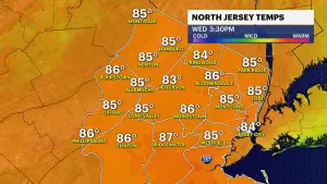 Afternoon welcomes sunshine and temps in the mid-80s in New Jersey