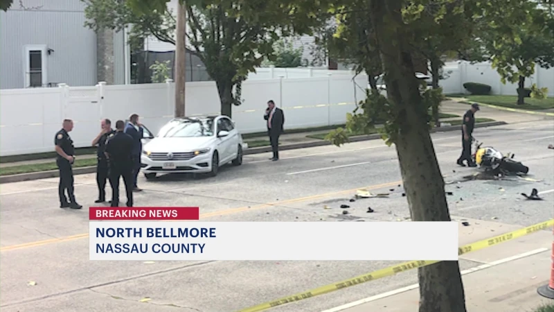 Story image: Nassau police: 1 dead following crash between motorcycle and car in Bellmore