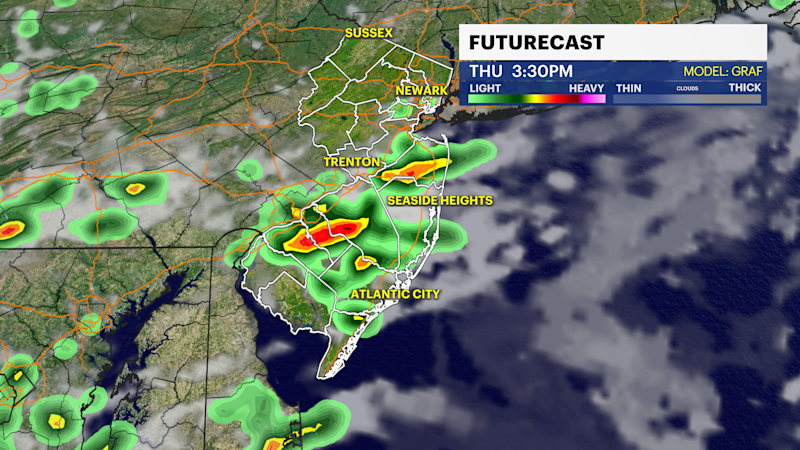 Story image: Scattered showers form again today for central and southern New Jersey