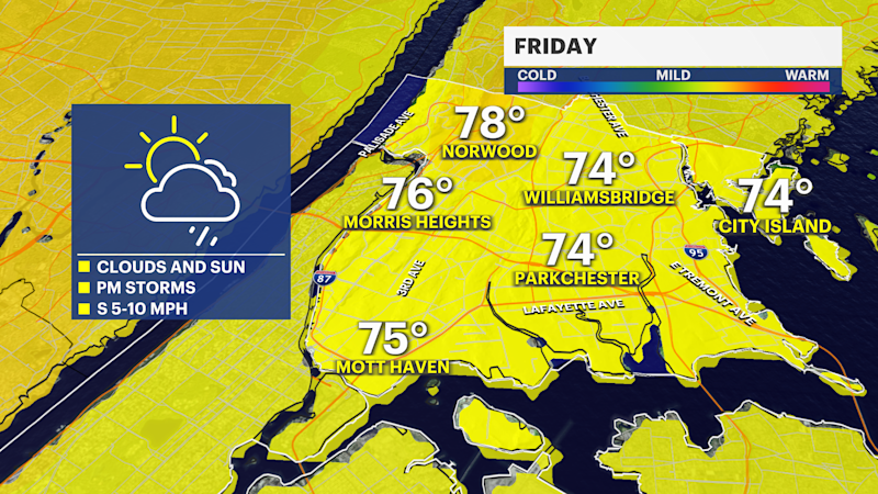 Story image: Cool, damp start with clouds lingering throughout the day for The Bronx