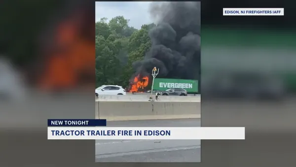 Tractor-trailer catches fire along the New Jersey Turnpike
