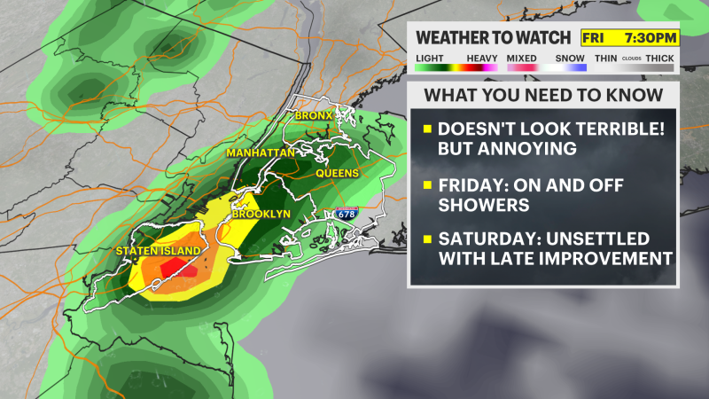 Story image: Scattered showers moving in to NYC on Friday ahead of steady Saturday rain
