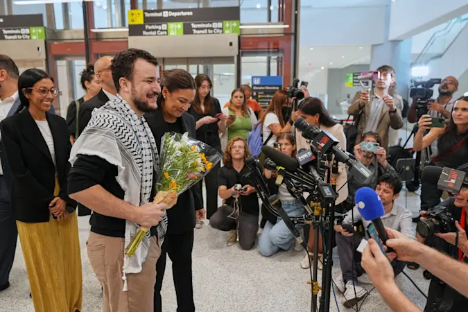 Story image: Columbia protester Mahmoud Khalil returns to the Northeast after being freed from immigration detention