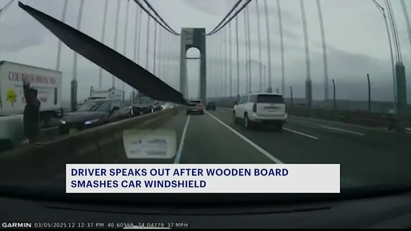 Story image: Caught on camera: Flying wood board shatters car’s windshield on Verrazzano Bridge