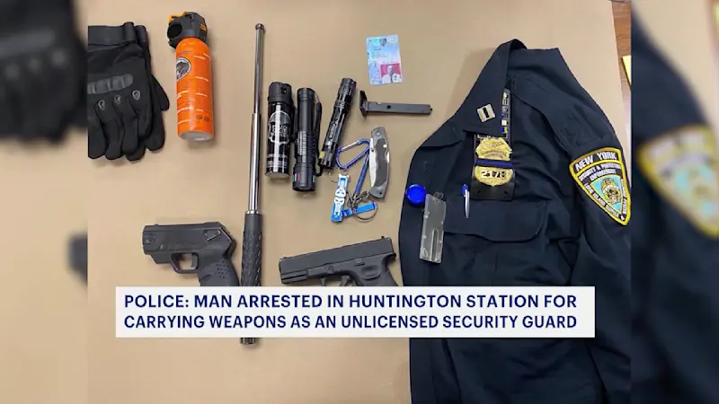 Story image: Unlicensed security guard outside Huntington Station bar had fake gun, Taser and mace: Suffolk PD