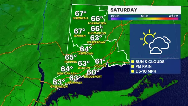 Mostly cloudy Saturday in Connecticut; widespread showers on Sunday