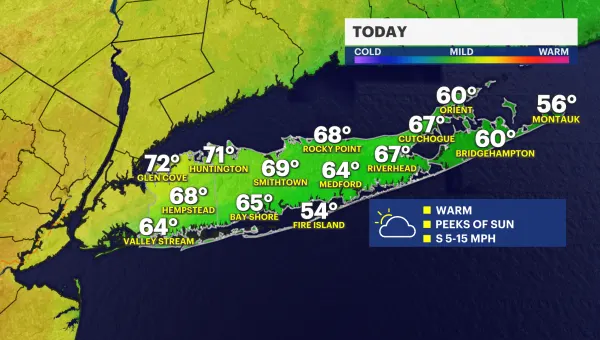Warm afternoon with peeks of sunshine on Long Island; scattered downpours this evening