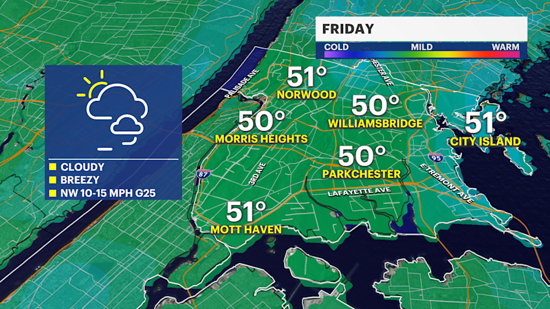 Story image: Wind relaxes Friday night, but returns following rain over the weekend for The Bronx