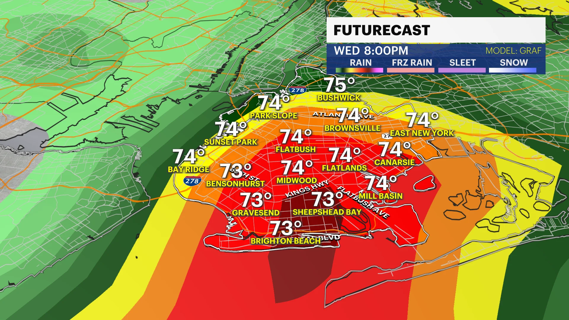 Hot and sunny conditions for Brooklyn; tracking heavy rain and wind for Wednesday night