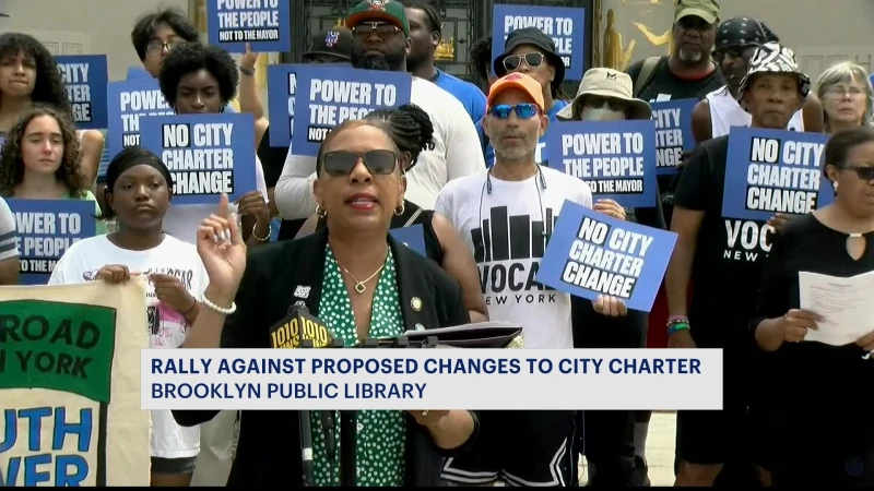 Story image: Rally outside Brooklyn Public Library calls for end to alleged 'power grab' from Mayor Adams 
