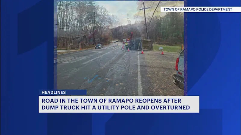 Story image: Dump truck hits pole and overturns on Ramapo road