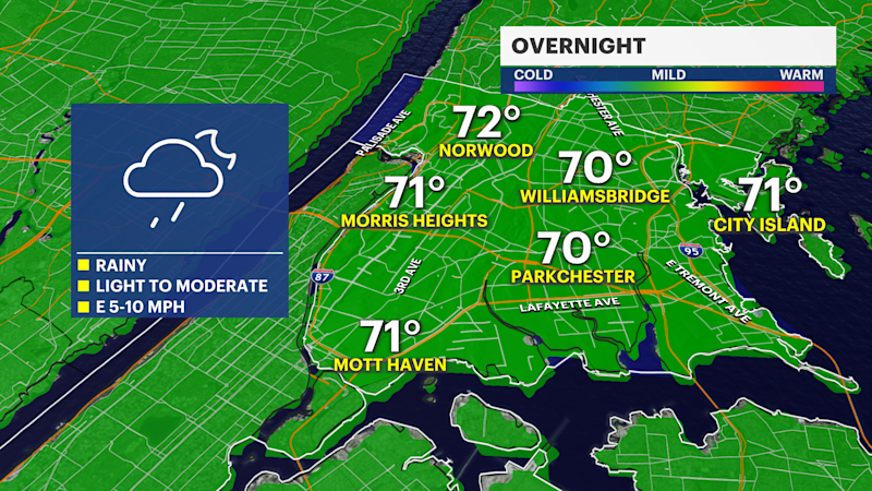 Story image: Rain showers stick around overnight into Thursday in The Bronx