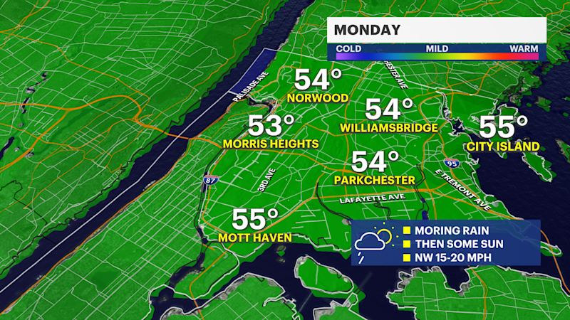 Story image: Morning showers exit before sunny and breezy Monday afternoon in The Bronx