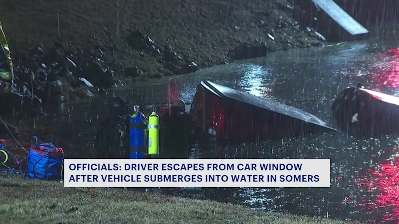 Story image: Officials: Driver escapes from car window after vehicle submerges into Somers body of water