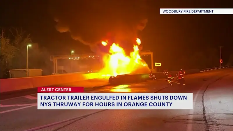 Story image: Massive fire melts tractor-trailer on Thruway in Orange County, no serious injuries