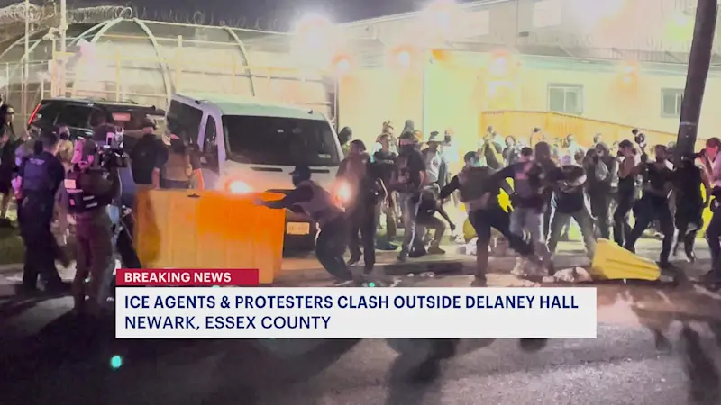 Story image: ICE agents and protesters clash outside Delaney Hall in Newark