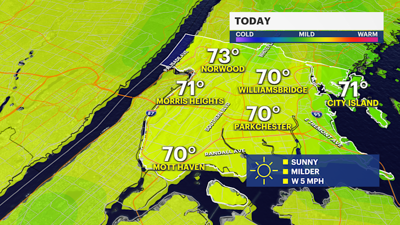 Story image: Sunny and milder today in the Bronx with even warmer weather ahead 