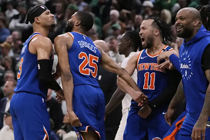 Story image: Knicks come from 20 down, beat Celtics 108-105 in OT as Bridges' steal preserves Game 1 win