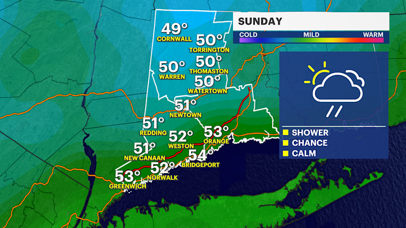 Story image: Clouds increase today with late-day showers, then a chilly start to the week in Connecticut