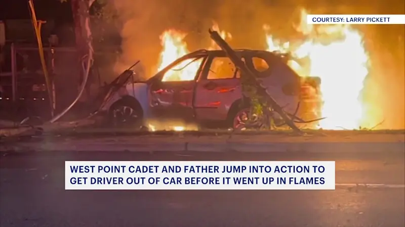 Story image: Caught on video: West Point cadet and his father rescue man during fiery crash in Fort Montgomery