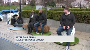 161st Street BID, LeMonde Studio celebrate Yankees Opening Day with Bat N' Ball Bench art piece