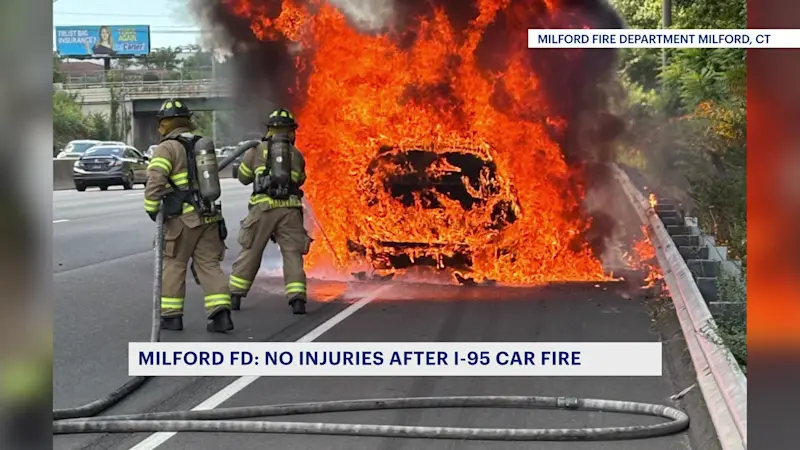 Story image: Car bursts into flames on I-95 South in Milford 