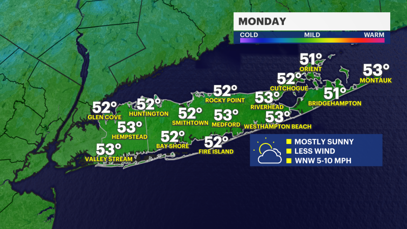 Story image: Sunny, less windy Monday on Long Island; overnight rain into Tuesday