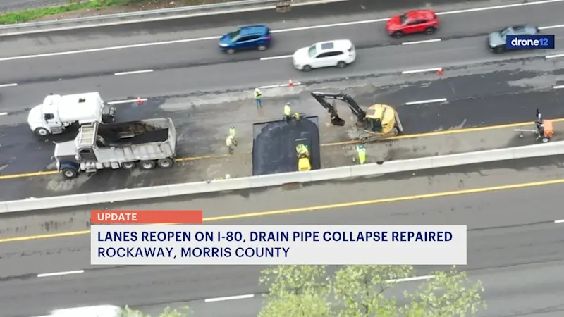 Story image: Collapsed sewer basin causes hole to open on I-80 near Exit 37 in Rockaway