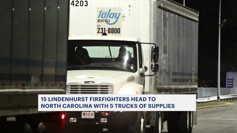 Story image: Tractor-trailers filled with supplies for Hurricane Helene victims leave from Lindenhurst Fire Department