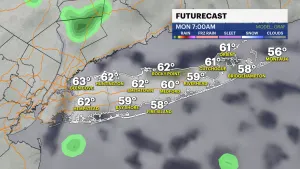 Partly cloudy skies and possible stray storm Sunday on Long Island; showers likely for Memorial Day