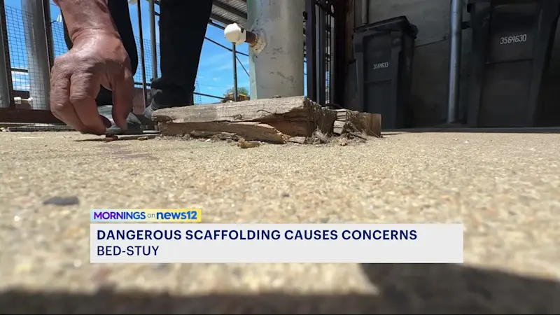 Story image: 'I'm scared something is going to happen': Dangerous scaffolding still hangs over Bed-Stuy elderly couple’s home