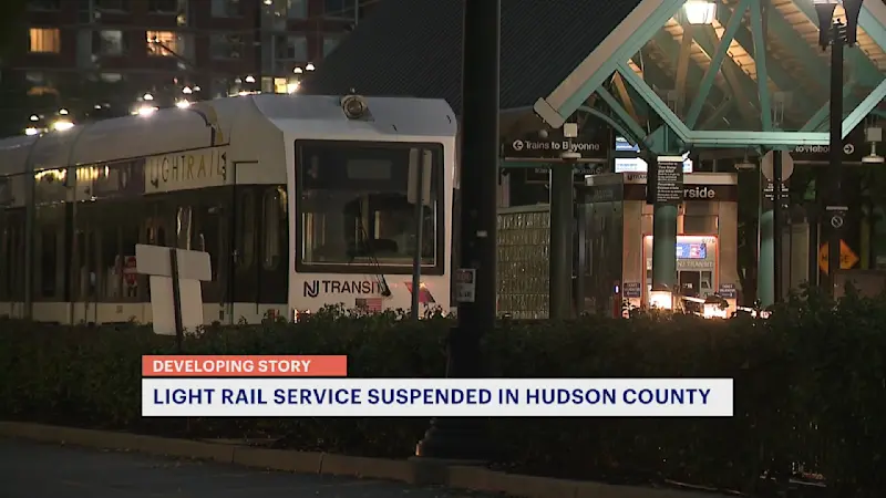 Story image: Portion of Hudson-Bergen Light Rail service suspended due to downed wires