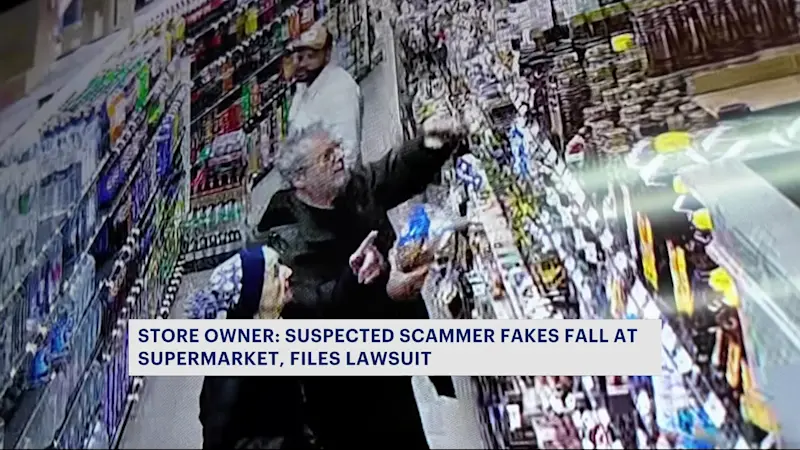 Story image: Store owner: Suspected scammer fakes fall at Throgs Neck supermarket, caught on surveillance camera