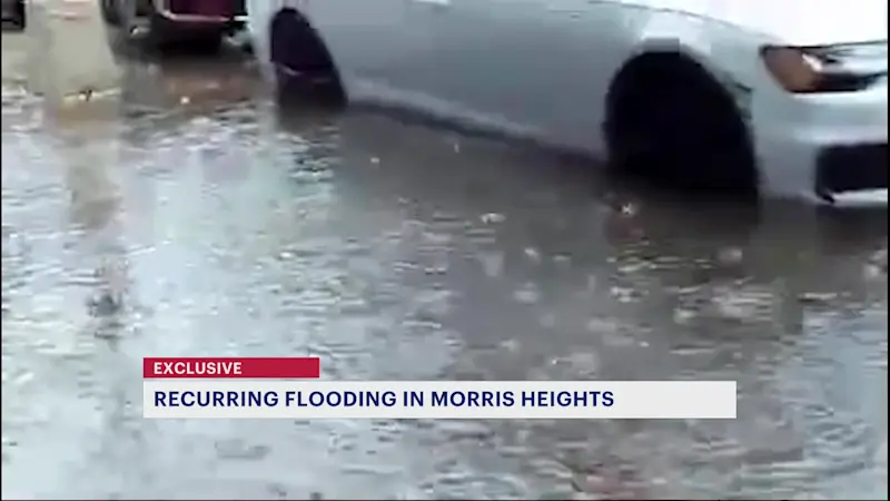 Story image: Morris Heights tenants demand action following recurring flooding outside apartment building