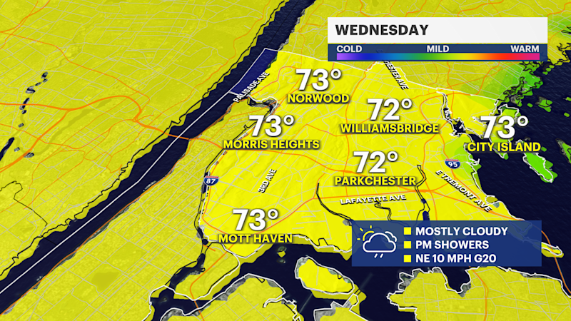 Story image: Rain, storm chances Wednesday in The Bronx; beware of dangerous surf