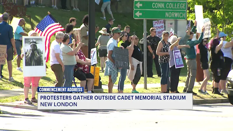 Story image: Peaceful protest held ahead of President Trump's visit to the Coast Guard Academy