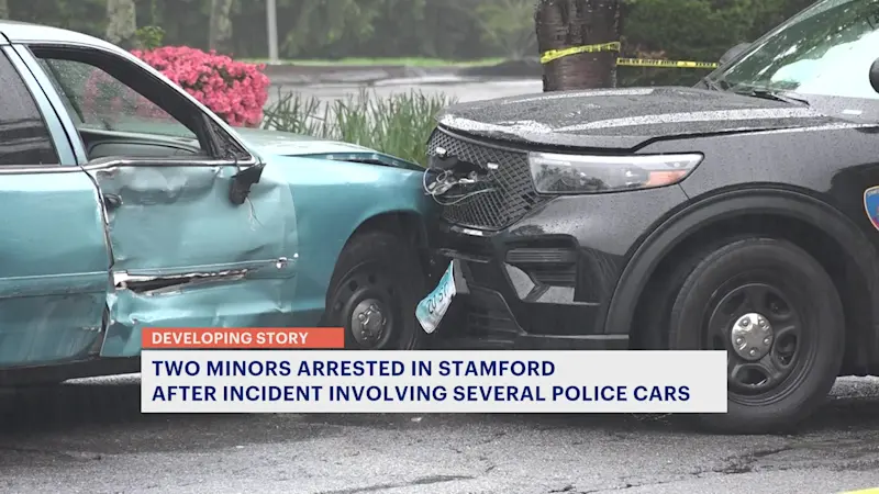 Story image: Stamford PD: Pursuit ends with suspect car colliding with multiple police cruisers