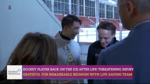 Hockey player back on the ice after life-threatening injury