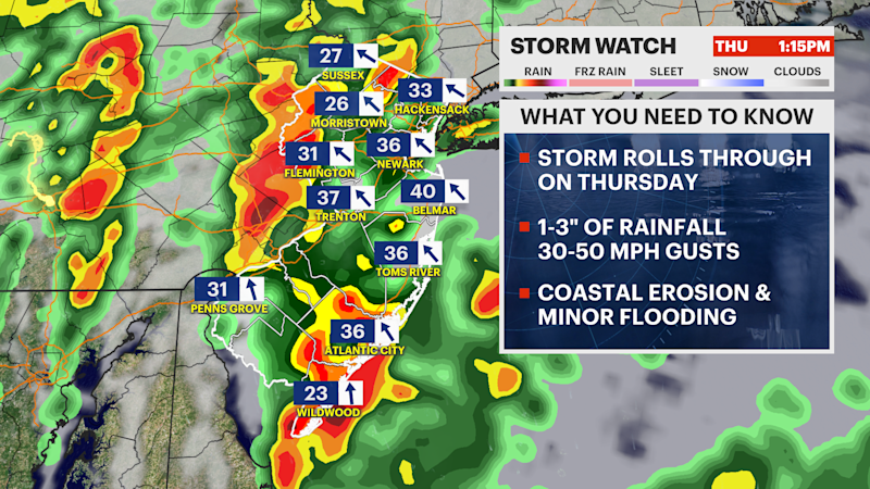 Story image: STORM WATCH: Heavy rain and winds to lash NJ Thursday; Halloween will be windy but dry