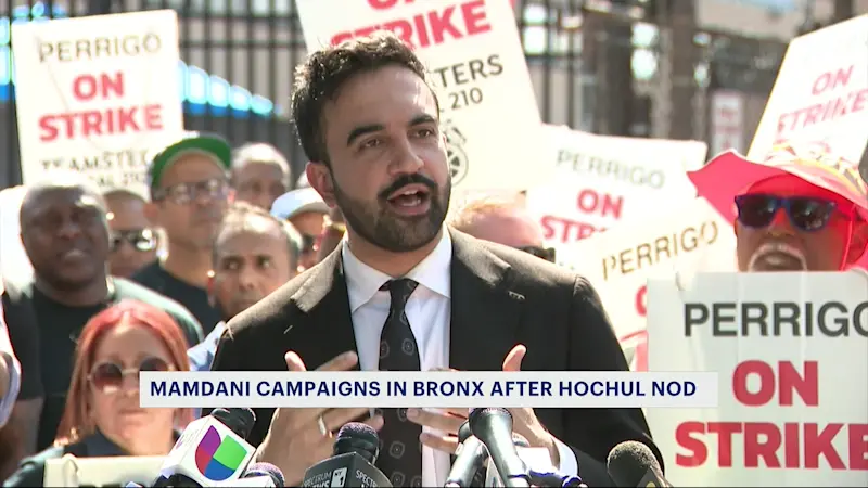 Story image: Zohran Mamdani campaigns in the Bronx following endorsement from Gov. Hochul