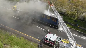 Recycling truck goes up in flames, shuts down part of Long Island Expressway 