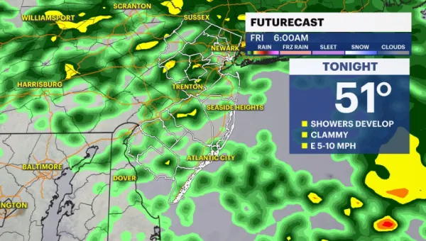 Cloudy with occasional showers overnight; on-and-off Friday showers