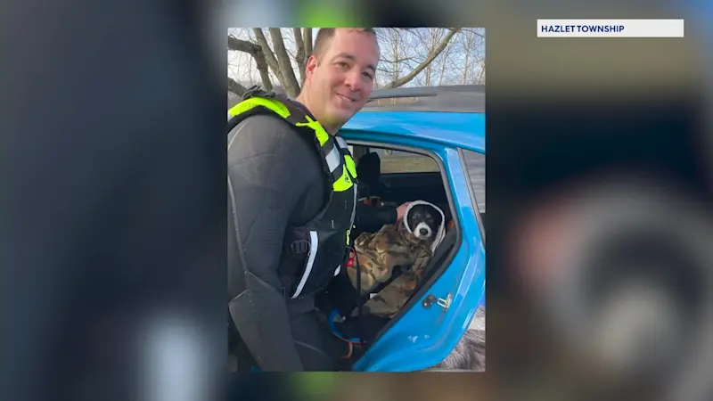 Story image: Caught on camera: Hazlet police officer rescues dog from icy lake