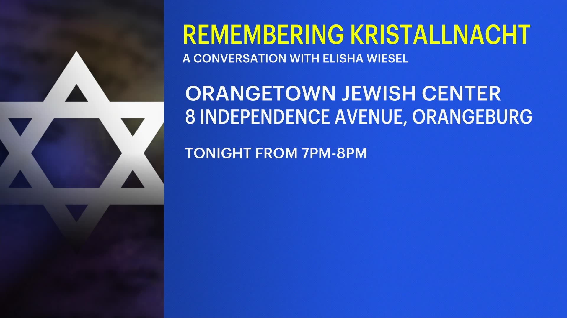 Commemorating Kristallnacht Conversation with Elisha Wiesel tonight at
