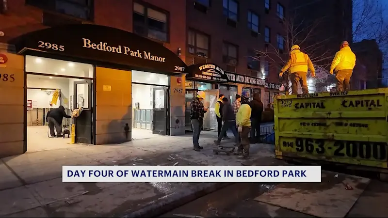 Story image: Crews work to clean up damage left from Bedford Park water main break