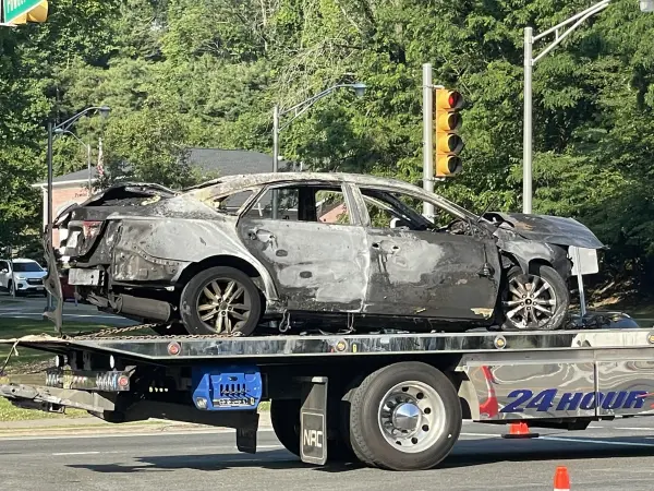 Story image: Police chase from Roxbury to Parsippany ends in fiery car crash; 3 burglary suspects hospitalized