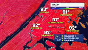 Mix of sun and clouds in the Bronx; feels-like temperatures reach mid 90s