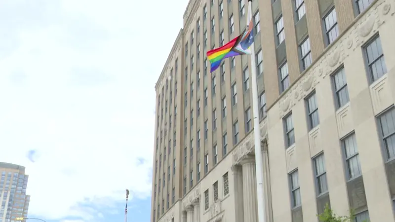 Story image: Pride progress flag raised outside of Westchester County Office Building