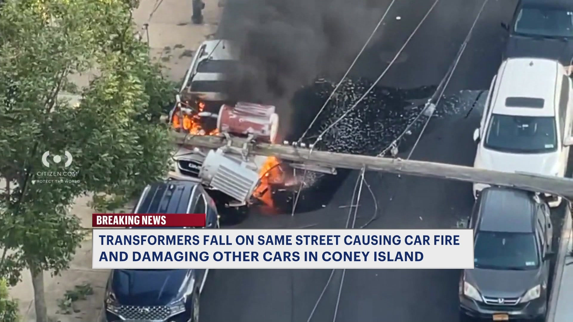 Downed transformers destroy parked cars in Coney Island  