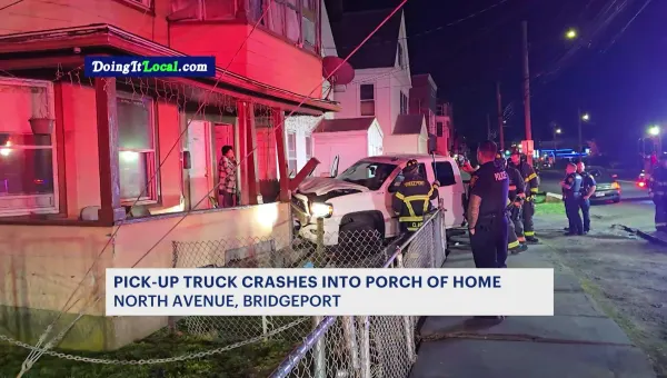 Pickup truck crashes into porch at Bridgeport home